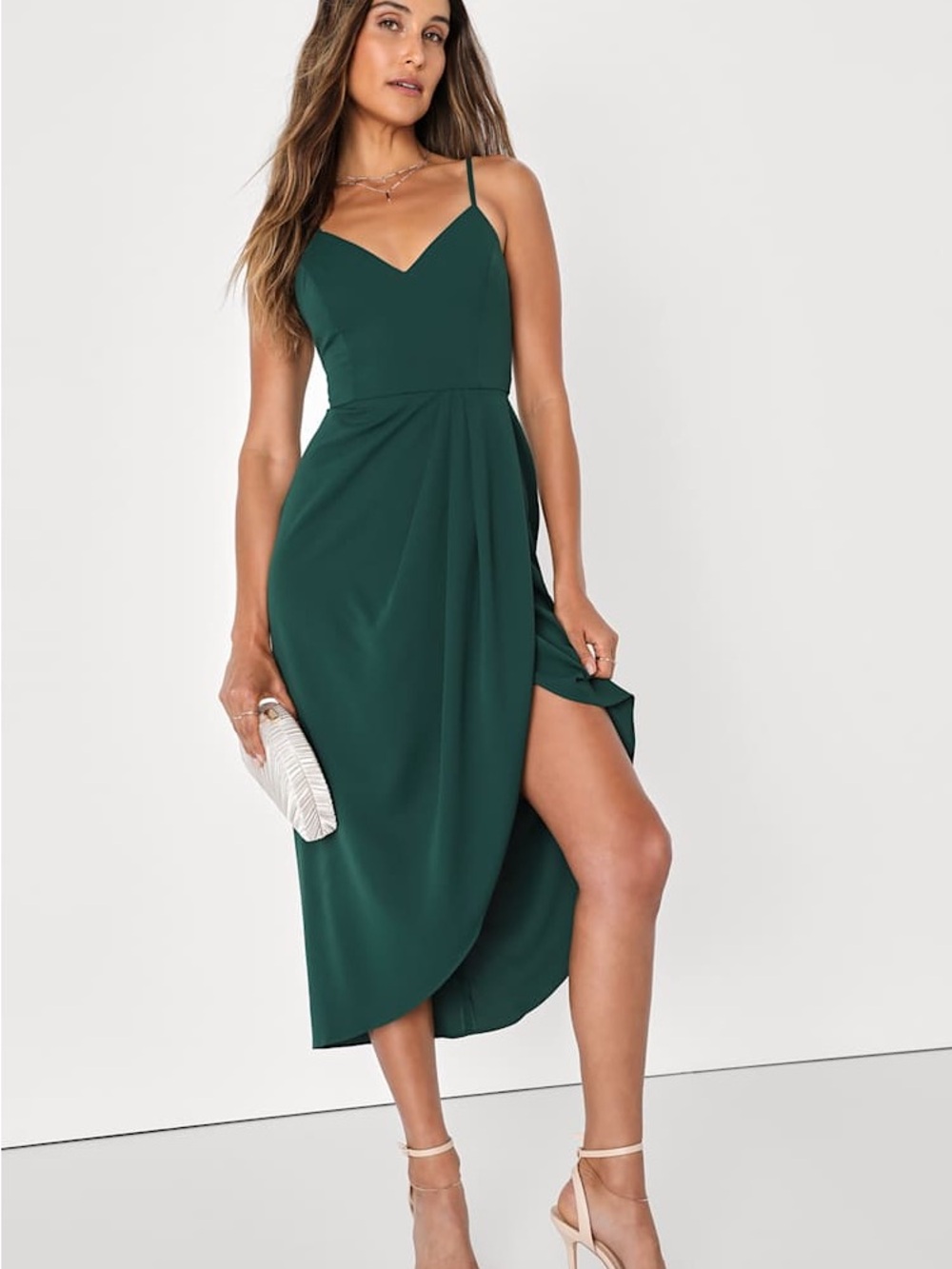 Lulu's Deep Emerald Midi Dress with Side Drape
